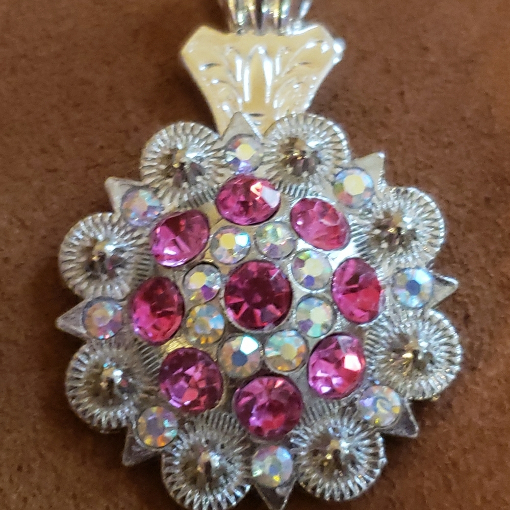 🐴 Pink Swarovski Crystal Concho Silver Pendant